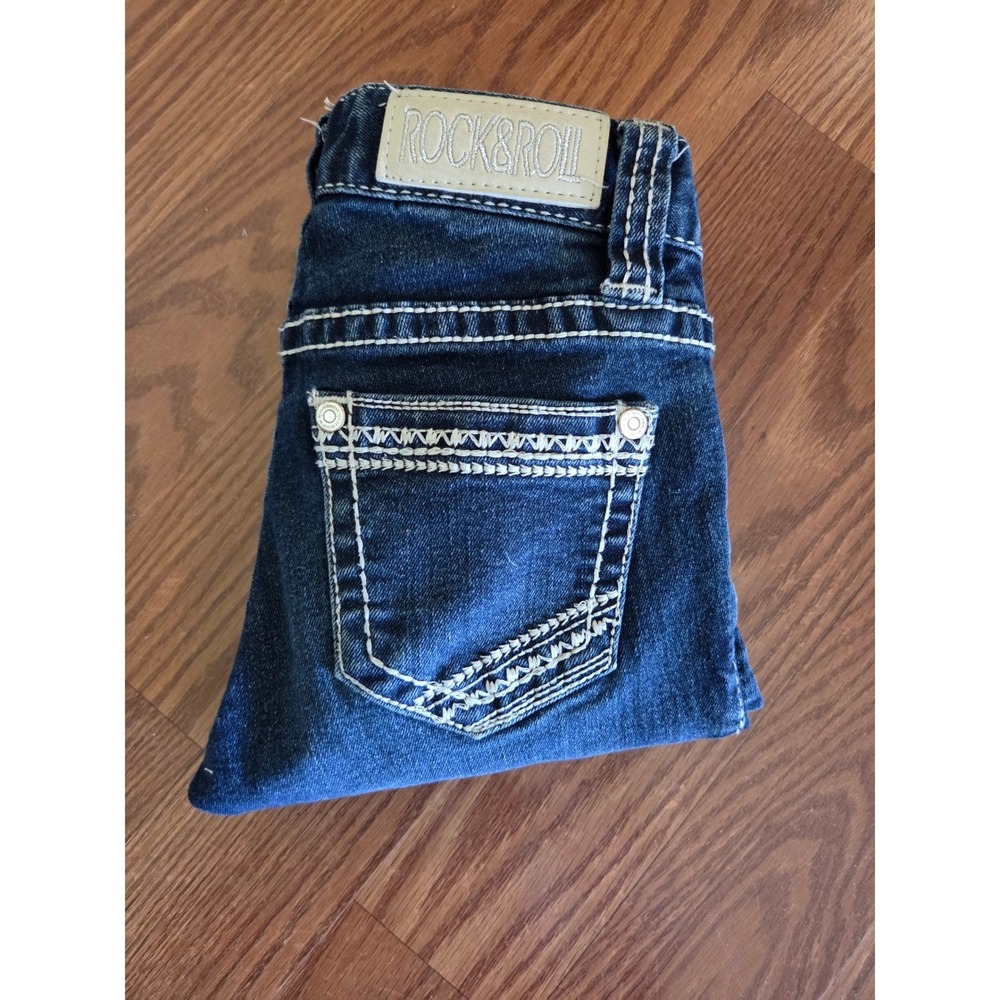 Rock and Roll Cowgirl Girls Dark Wash Straight Leg Jeans Size 7 Contrast Stitch